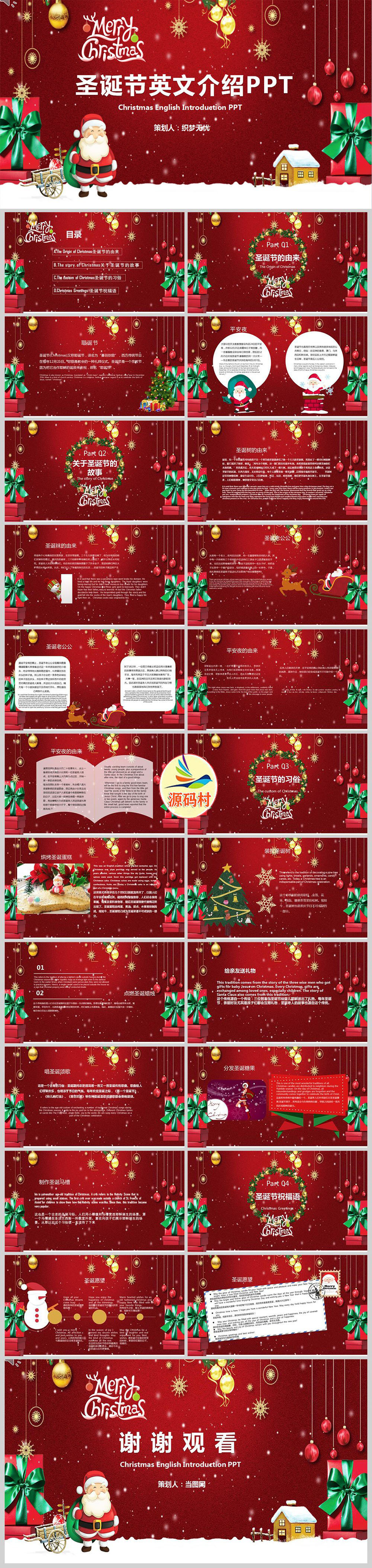 红色圣诞节节日英文介绍PPT模板下载